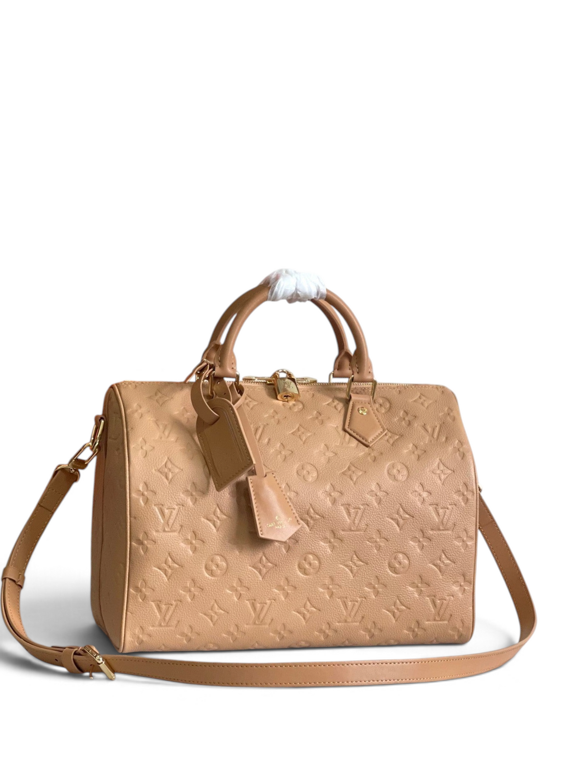 SWORD LUXURY marka, bej renkli, Monogram Empreinte deri Louis Vuitton Speedy Bandoulière 25 çanta, altın detaylı.