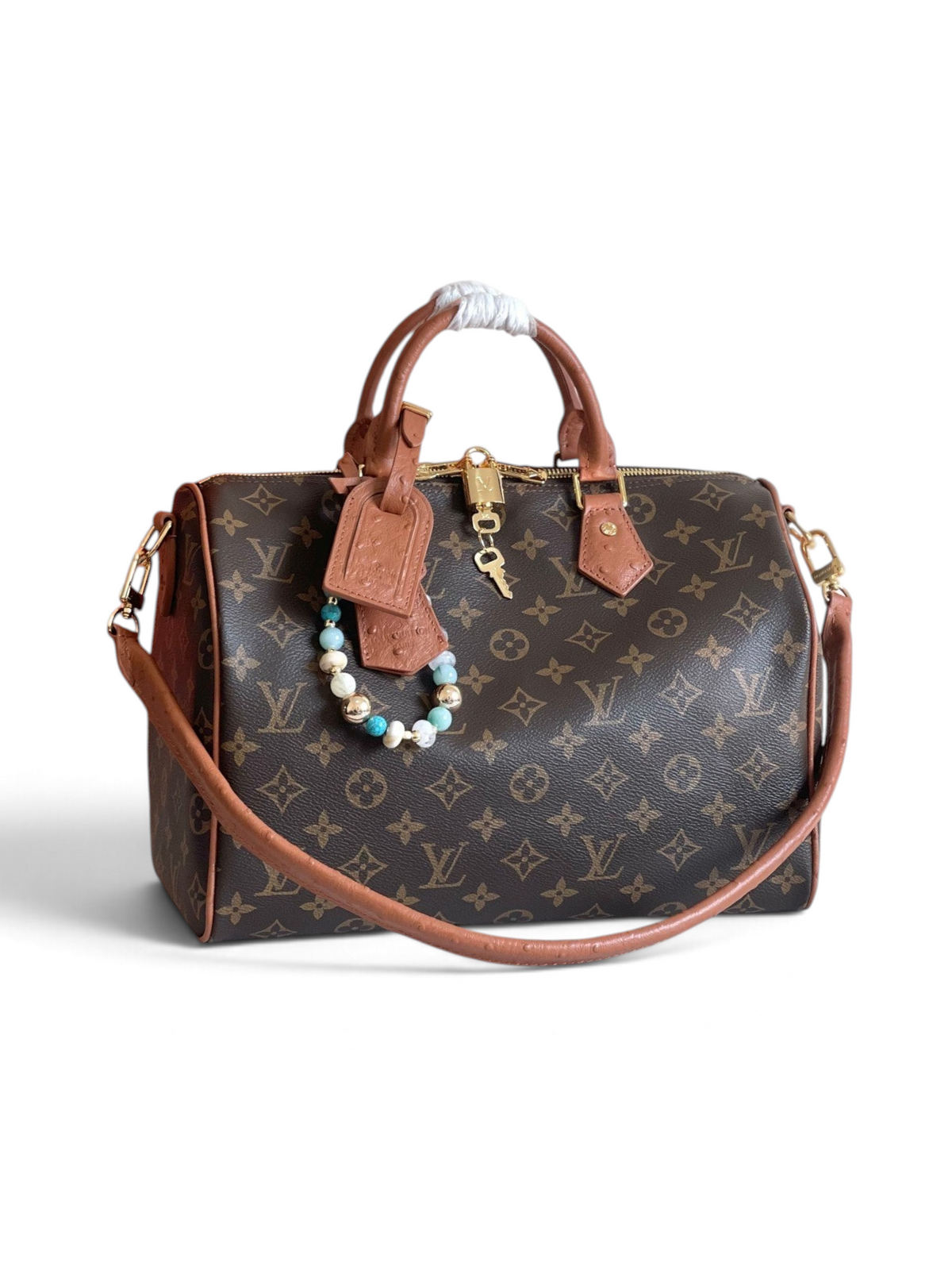 SWORD LUXURY Speedy Bandoulière 30 tarzı kahverengi monogram kanvas çanta, deri saplı ve boncuklu süslemeli.
