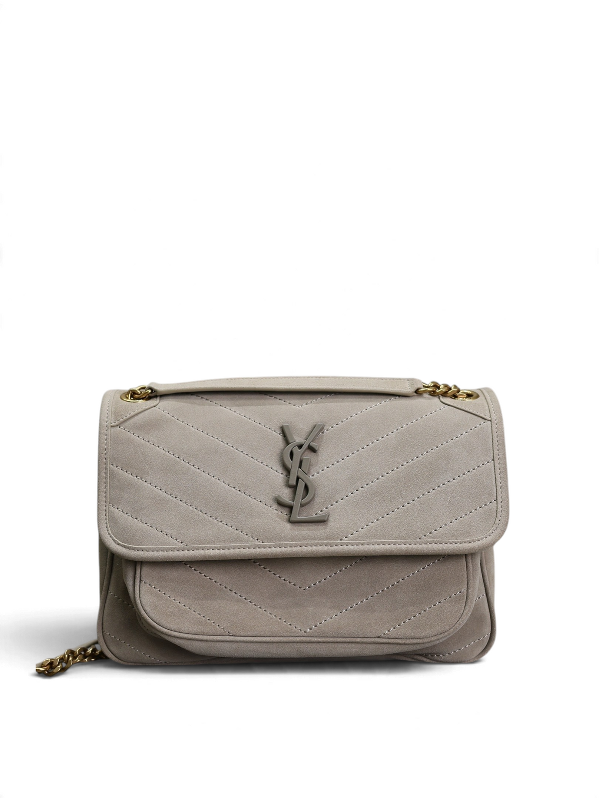 SWORD LUXURY bej süet Saint Laurent Niki orta boy omuz çantası, chevron dikişli ve mat siyah YSL logolu.