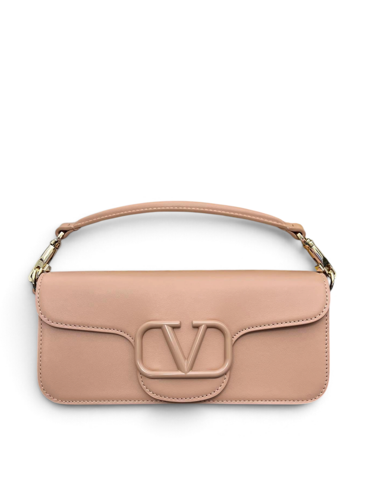 SWORD LUXURY Valentino Garavani VLogo Signature çanta, pudra rengi deri, altın rengi zincir askı ve ikonik logo detaylı
