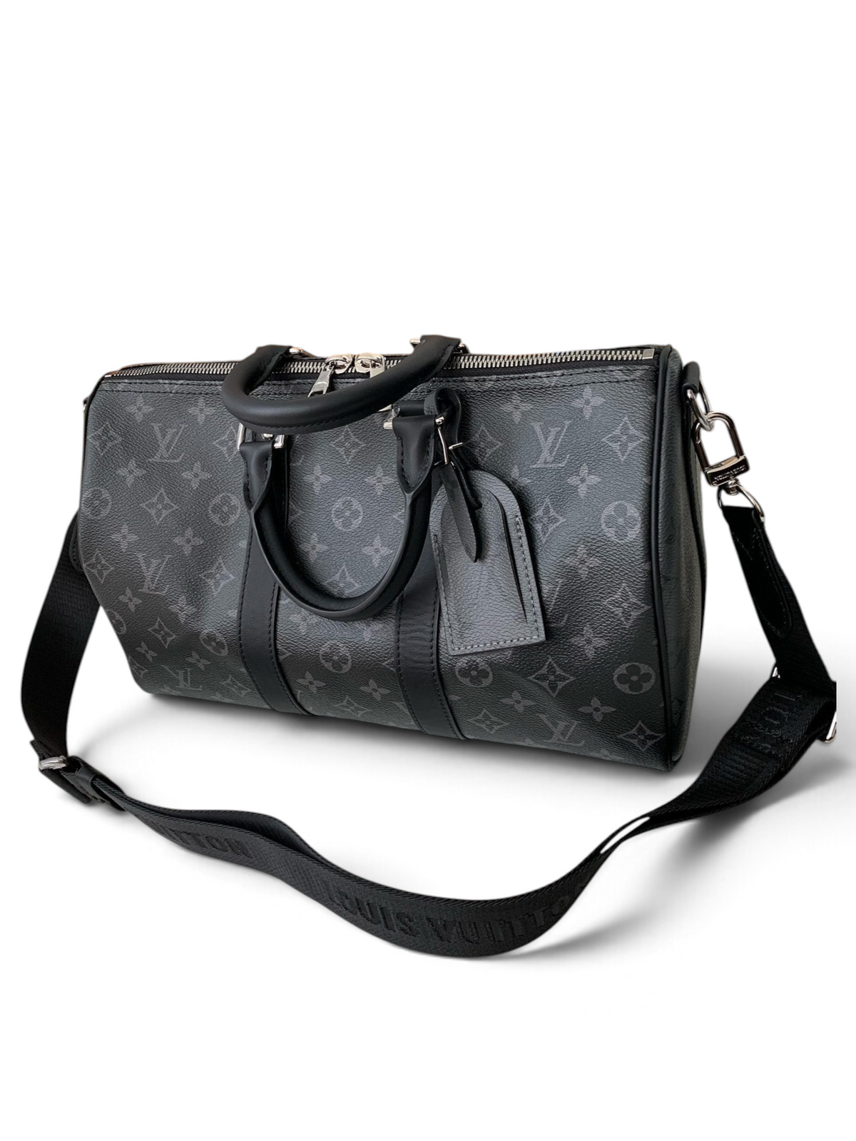 SWORD LUXURY Keepall Bandoulière 35 siyah gri monogram kanvas seyahat çantası, deri detaylı ve ayarlanabilir askılı.