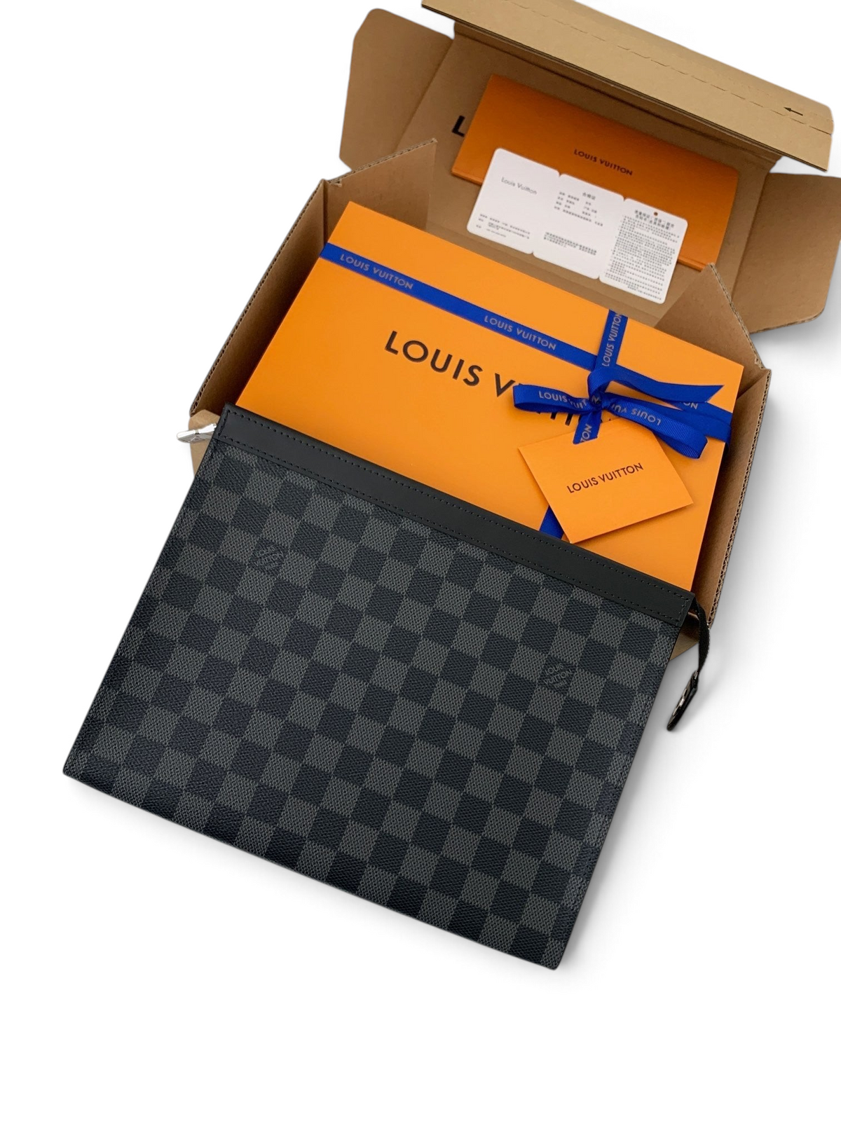 SWORD LUXURY Pochette Voyage clutch çanta, siyah ve gri Damier Graphite kanvas desenli, kutusu ve aksesuarlarıyla.