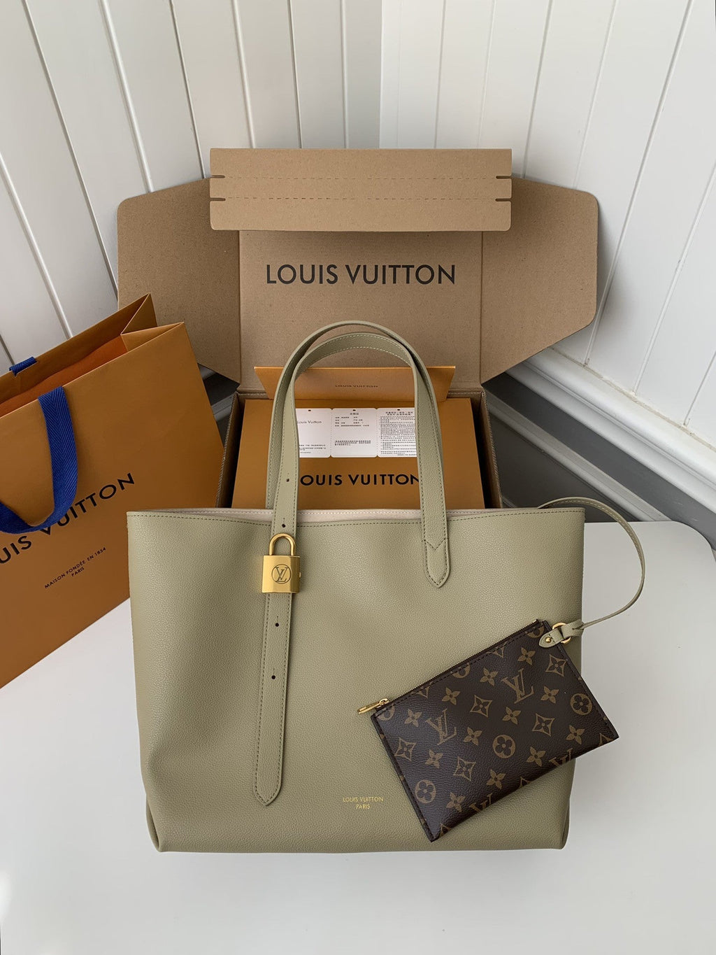 Calfskin Leather Tote Bag with Monogram Pouch