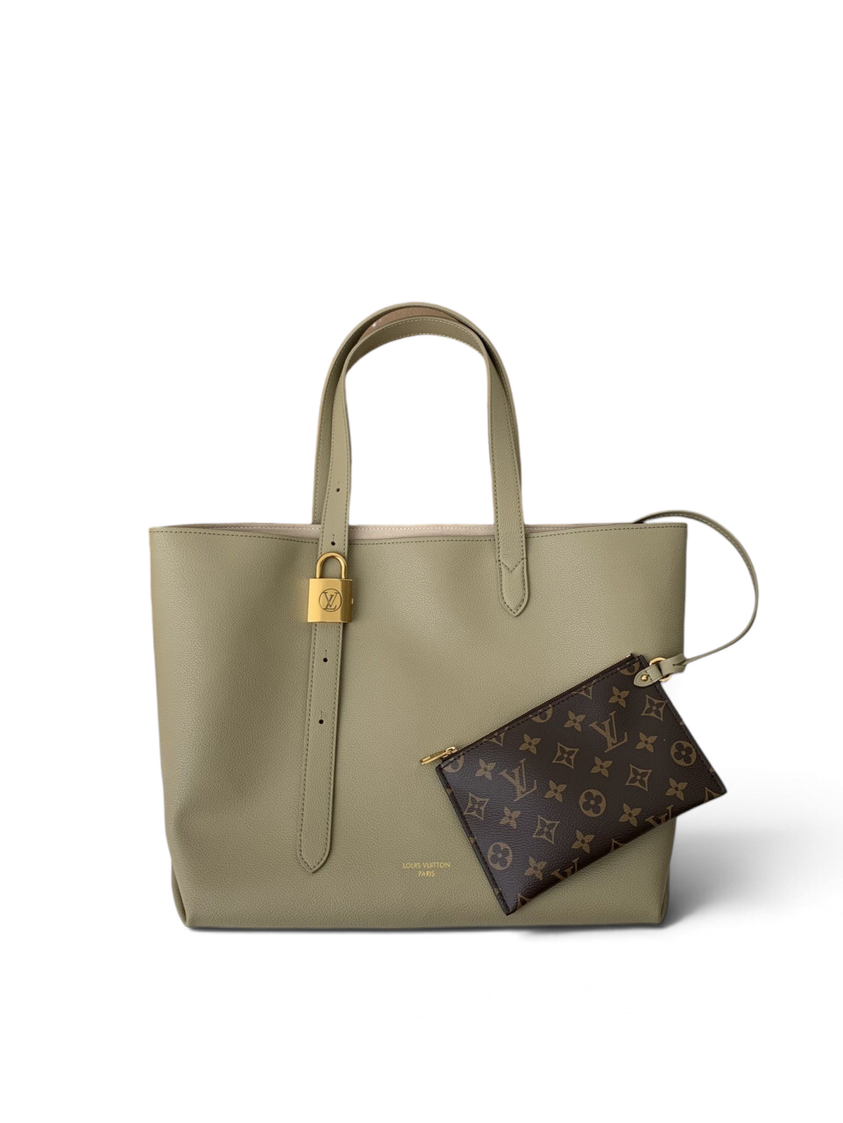 SWORD LUXURY zeytin yeşili deri tote çanta, altın kilit detaylı ve çıkarılabilir monogramlı Louis Vuitton cüzdan