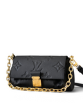 SWORD LUXURY Louis Vuitton Favorite çanta, siyah ve bej renkli, kabartmalı Monogram Empreinte deri ve altın zincir.