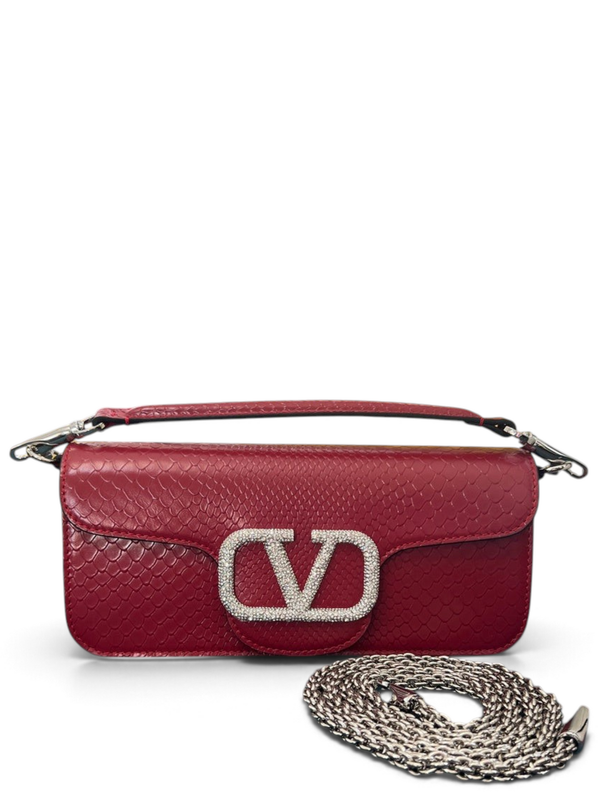 SWORD LUXURY Valentino Garavani VLogo Signature kırmızı Ayers deri çanta, taşlı VLogo amblemi ve zincir askılı