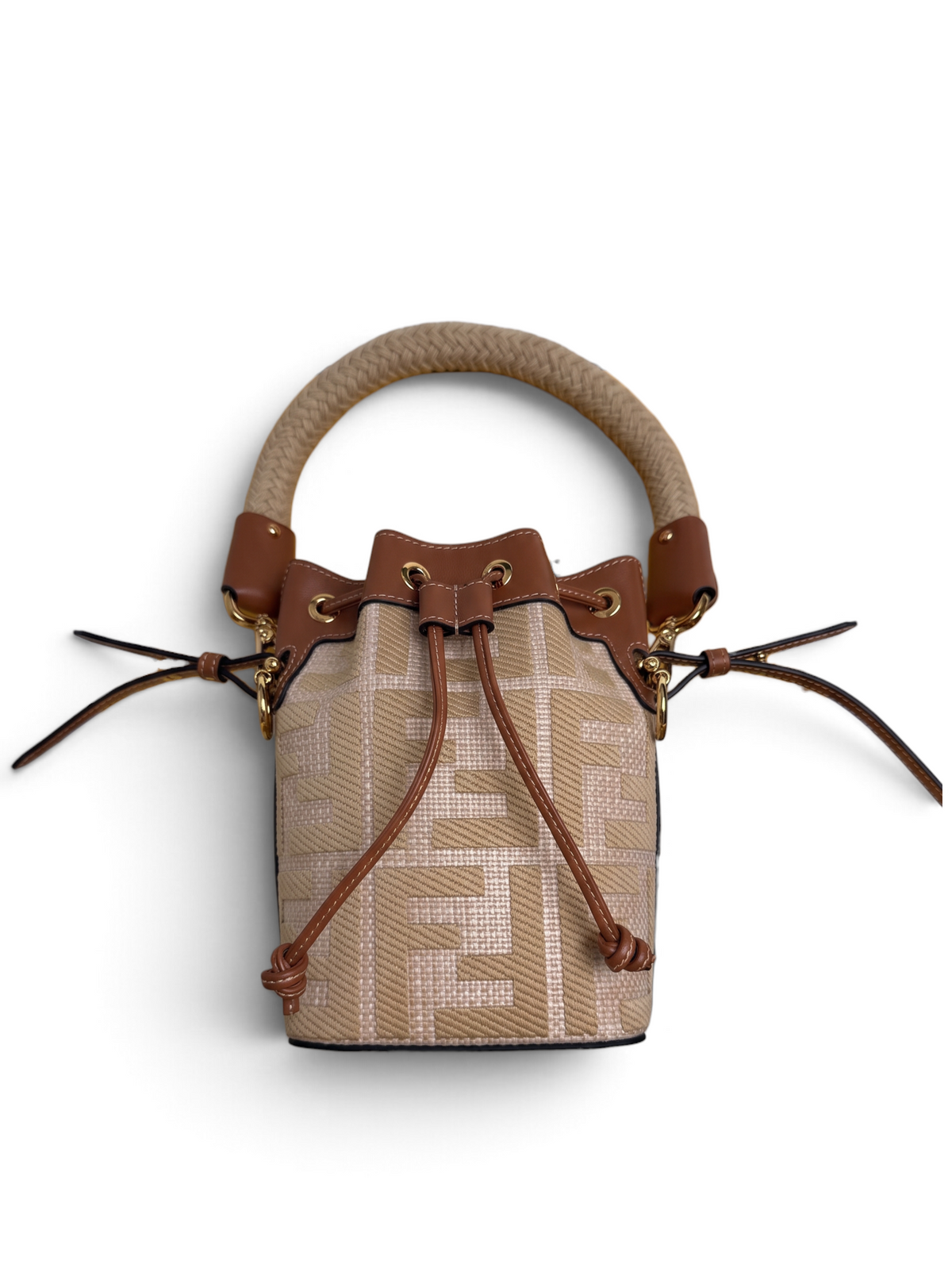 SWORD LUXURY Fendi Mon Tresor kova çanta, bej FF logolu kanvas ve taba deri detaylı, kutusu ve toz torbası ile.