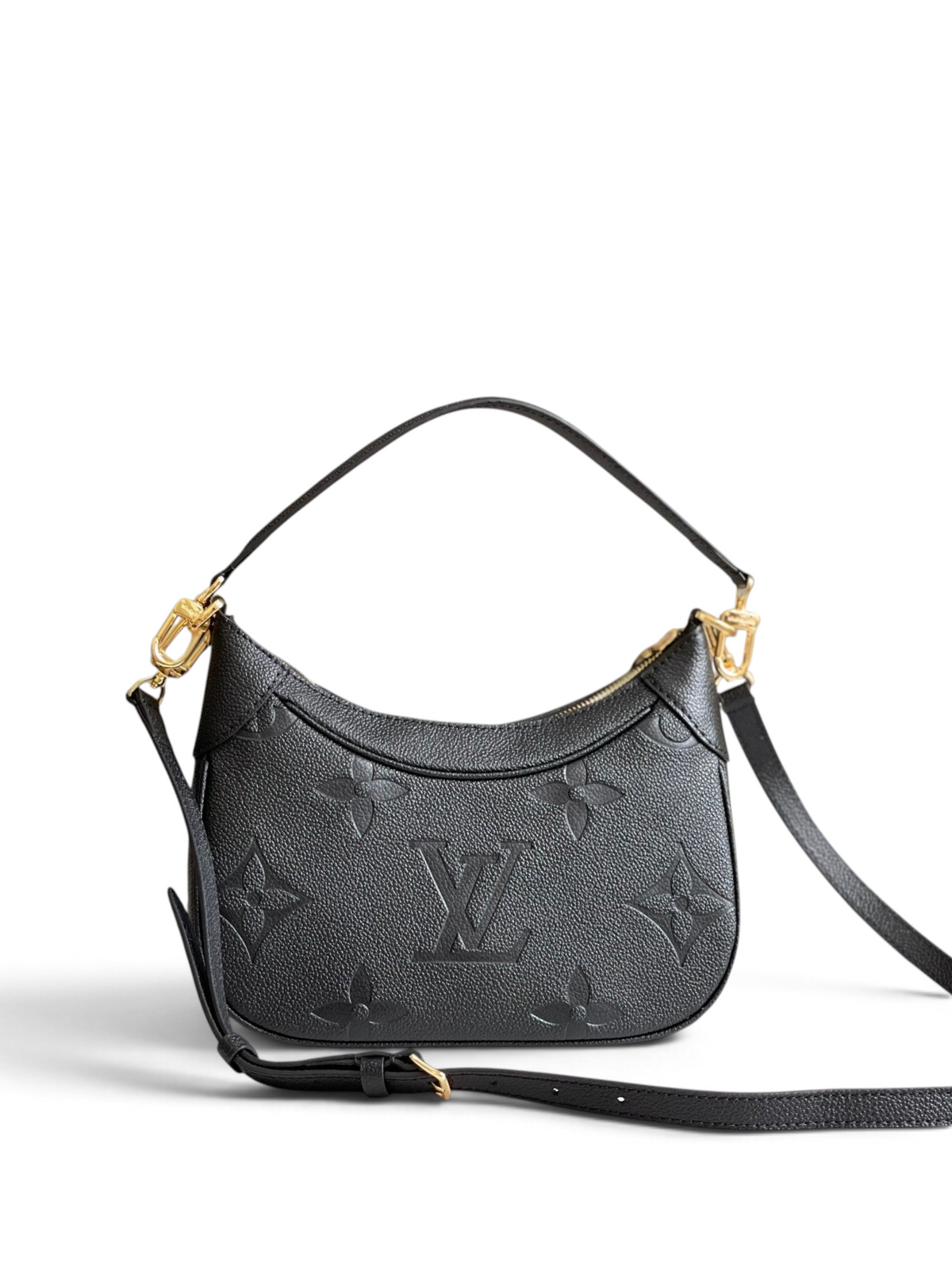 SWORD LUXURY siyah Monogram Empreinte deri Mini Moon çanta, altın tonlu donanım ve kavisli silüet ile.