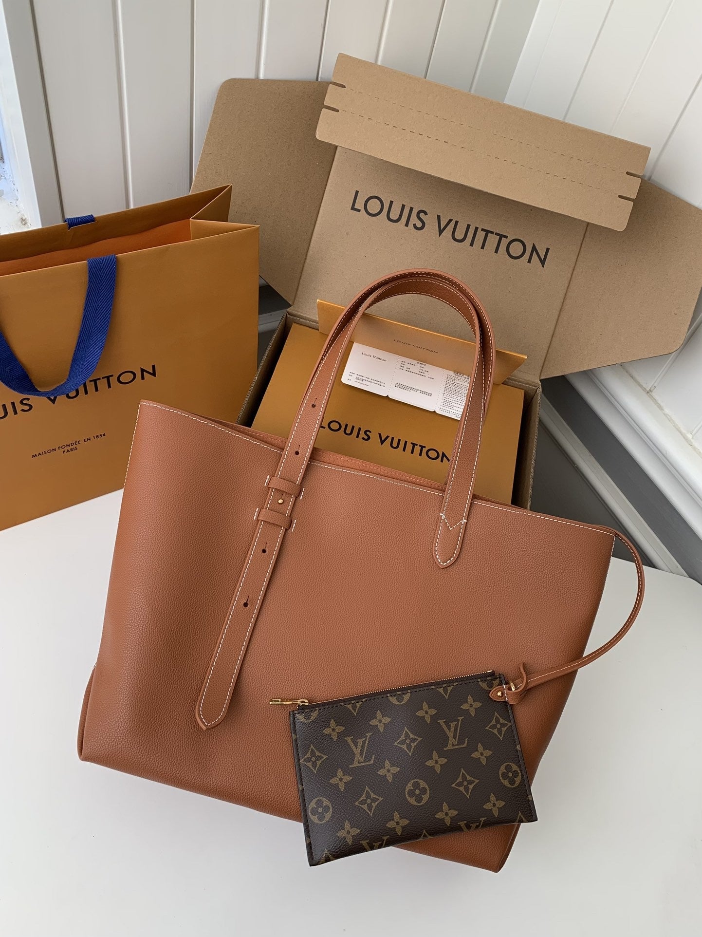 Calfskin Leather Tote Bag with Monogram Pouch