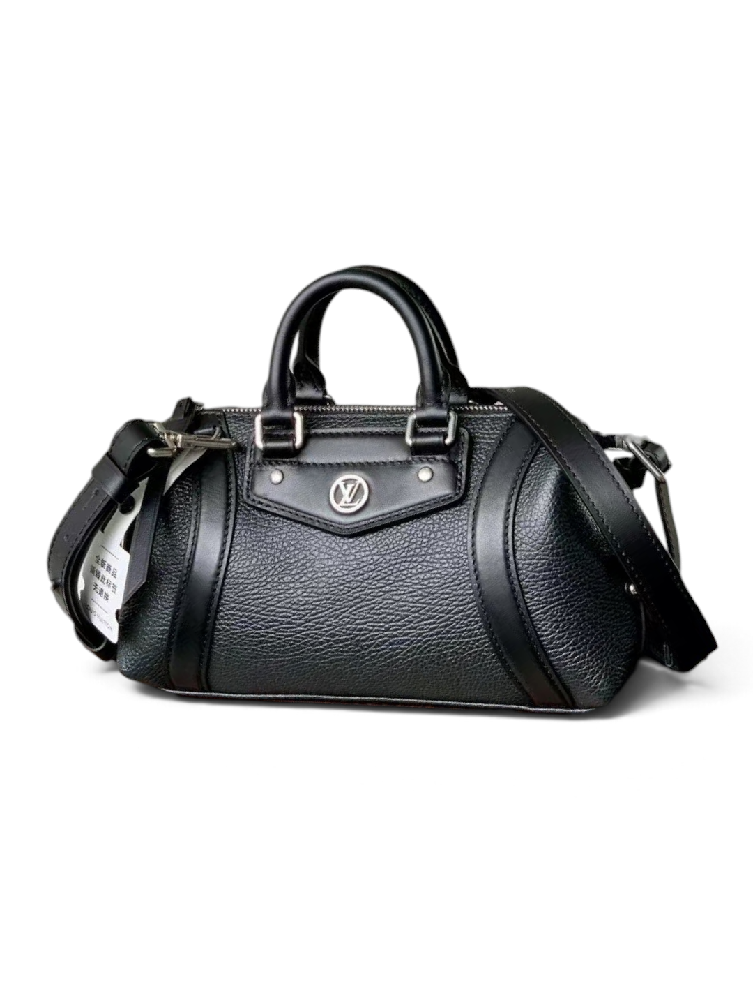 SWORD LUXURY siyah deri Speedy satchel çanta, gümüş donanımlı ve dokulu yüzeyli, şık ve modern tasarım.