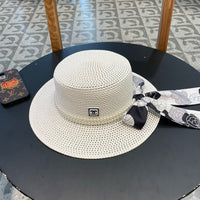Woven Straw Hat with Pearl Band and Silk Bow Detail