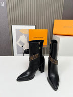 Monogram Chain Detail Knit & Leather Mid-Calf Boots