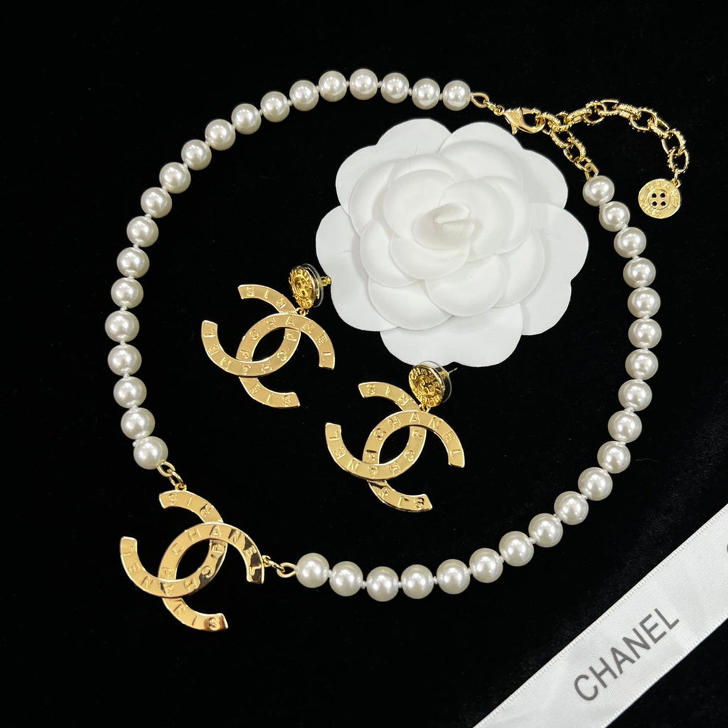 Pearl Necklace & Earring Set – Gold CC Logo Statement Jewelry