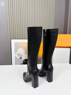 Leather & Knit Chain Detail Knee-High Boots