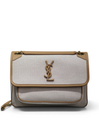 SWORD LUXURY Saint Laurent Niki orta boy kanvas ve taba deri detaylı omuz çantası, mat altın YSL logolu