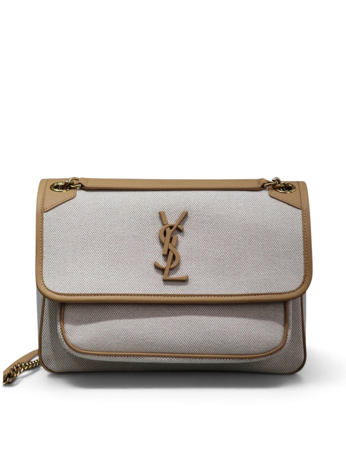 SWORD LUXURY Saint Laurent Niki orta boy kanvas ve taba deri detaylı omuz çantası, mat altın YSL logolu