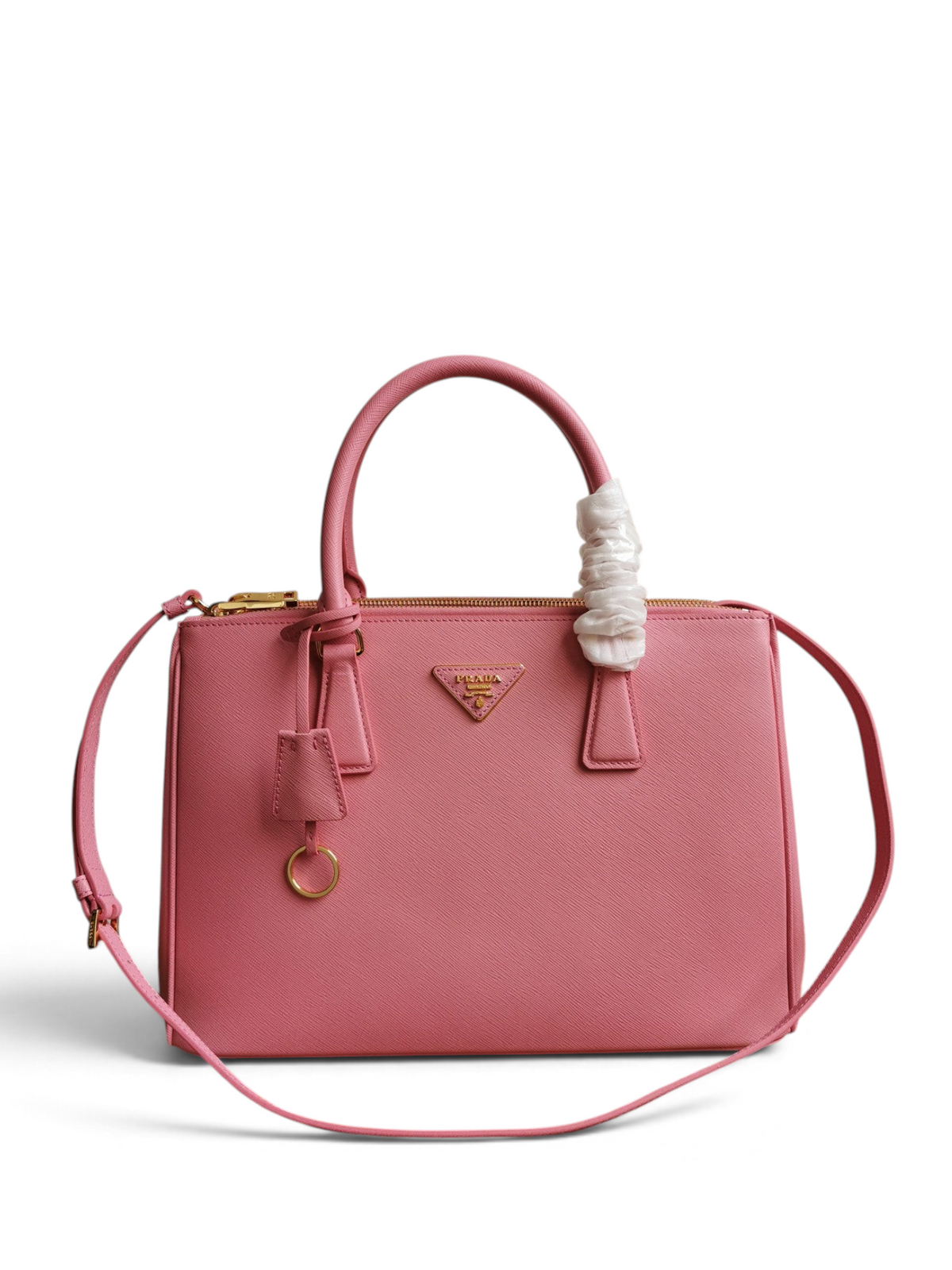 SWORD LUXURY pembe Prada Galleria Saffiano deri çanta, altın donanımlı ve çıkarılabilir omuz askılı zarif tasarım.