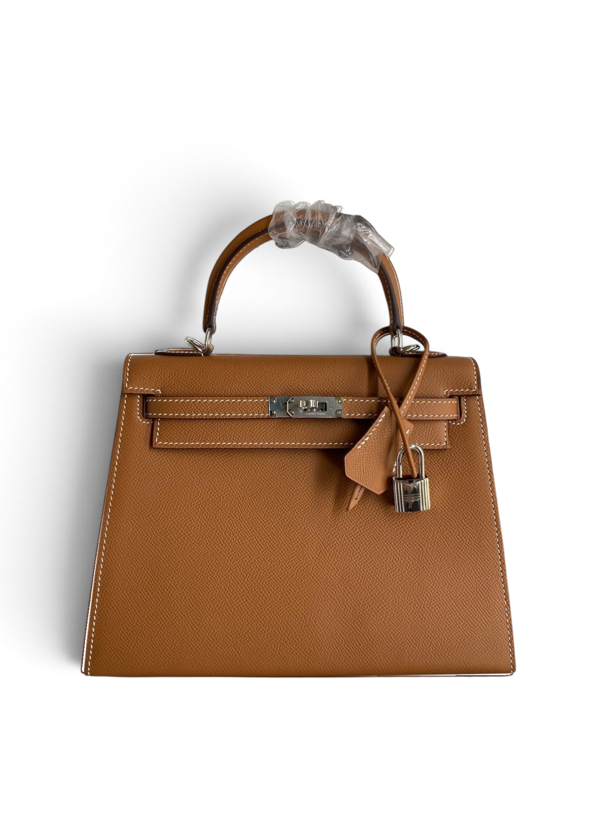 SWORD LUXURY taba rengi Epsom deri Kelly 25 çanta, gümüş donanım, kilit ve anahtarlı clochette detaylı kutusunda.