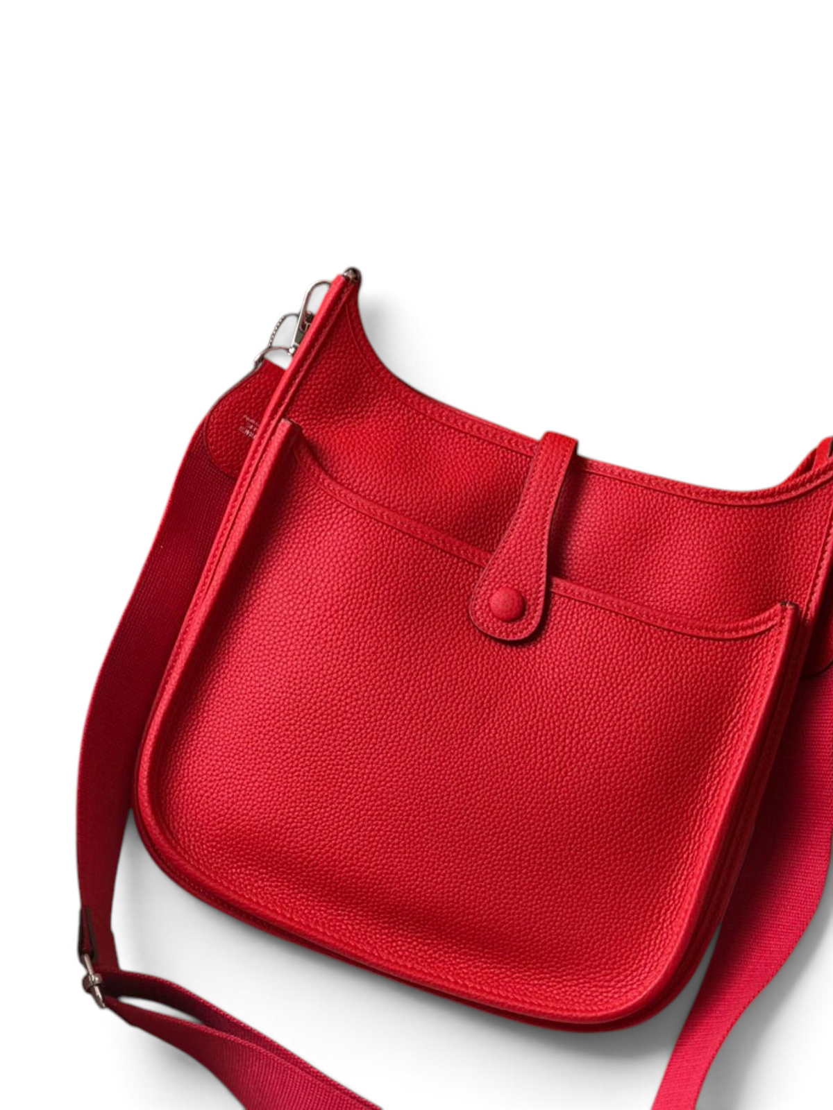 SWORD LUXURY kırmızı deri Hermès Evelyne PM 28 çanta, turuncu kutusu ve toz torbası ile birlikte.
