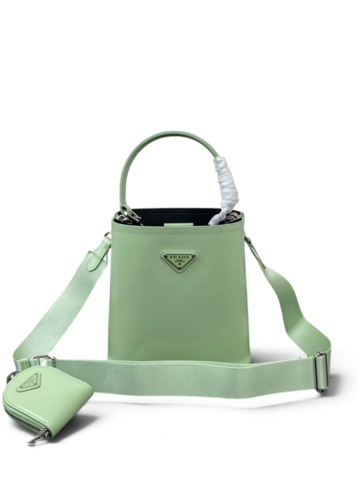 SWORD LUXURY Prada Panier mini kova çanta, parlak fıstık yeşili deri, çıkarılabilir bozuk para cüzdanı ve askı.