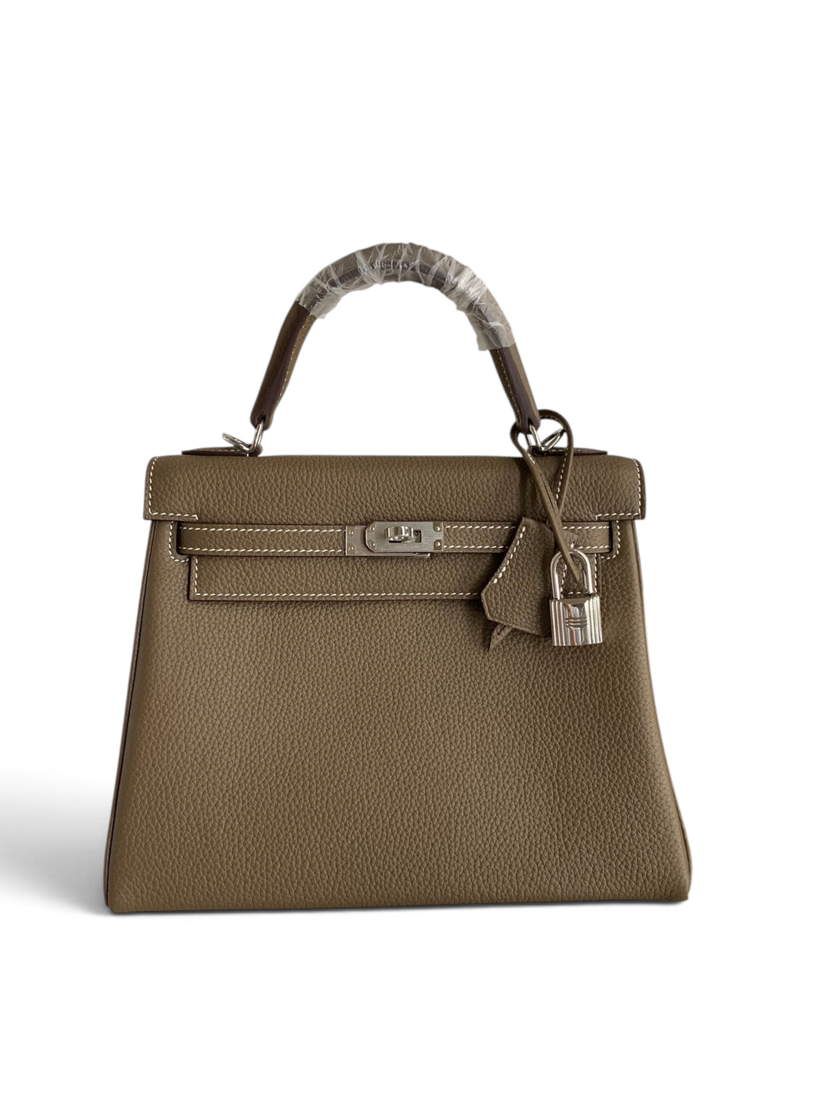 SWORD LUXURY Kelly 25 Togo deri çanta, kutusunda, gümüş donanımlı ve kilit detaylı, taupe renkli el çantası.