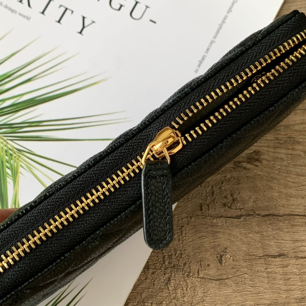 Caviar Leather Quilted Long Flap Wallet