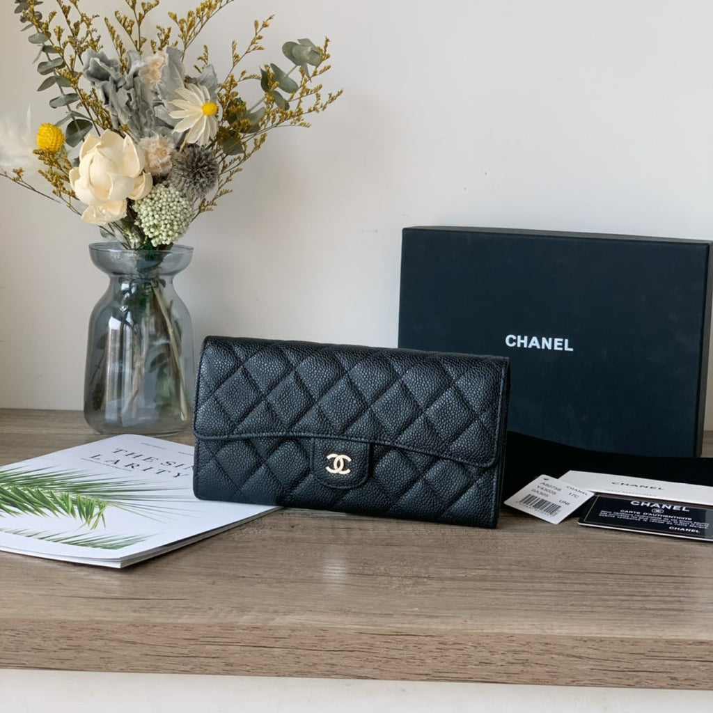 Caviar Leather Quilted Long Flap Wallet