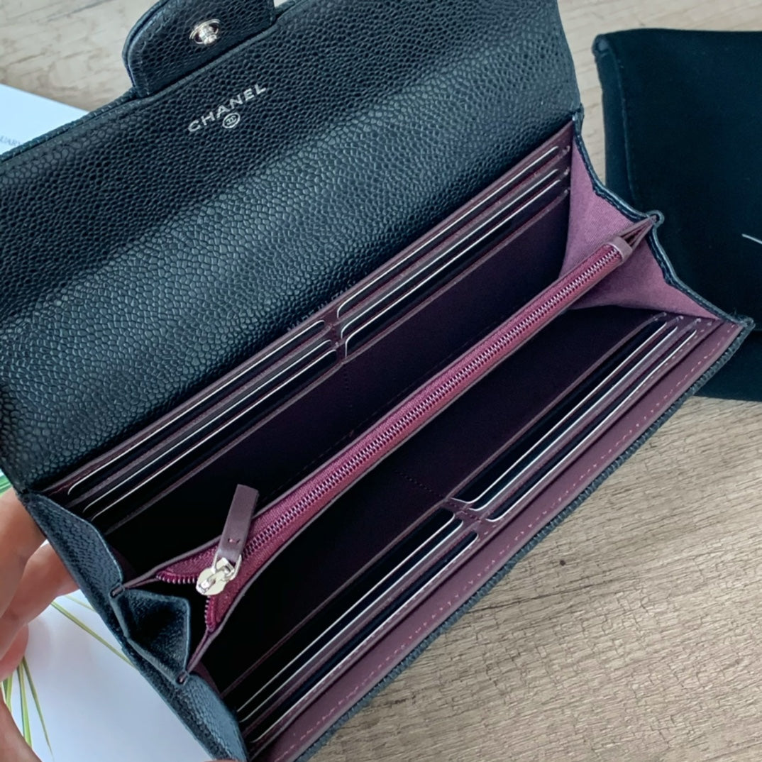 Caviar Leather Quilted Long Flap Wallet