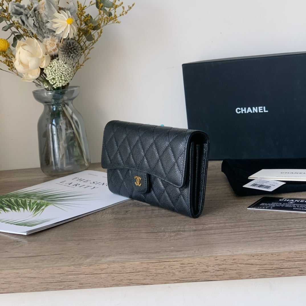 Caviar Leather Quilted Long Flap Wallet