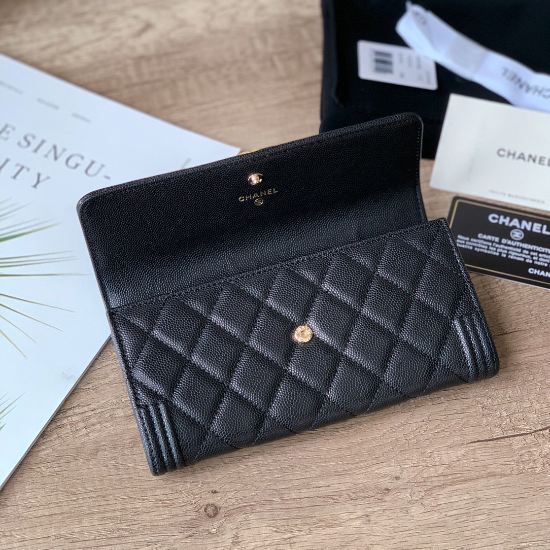 Caviar Leather Quilted Long Flap Wallet