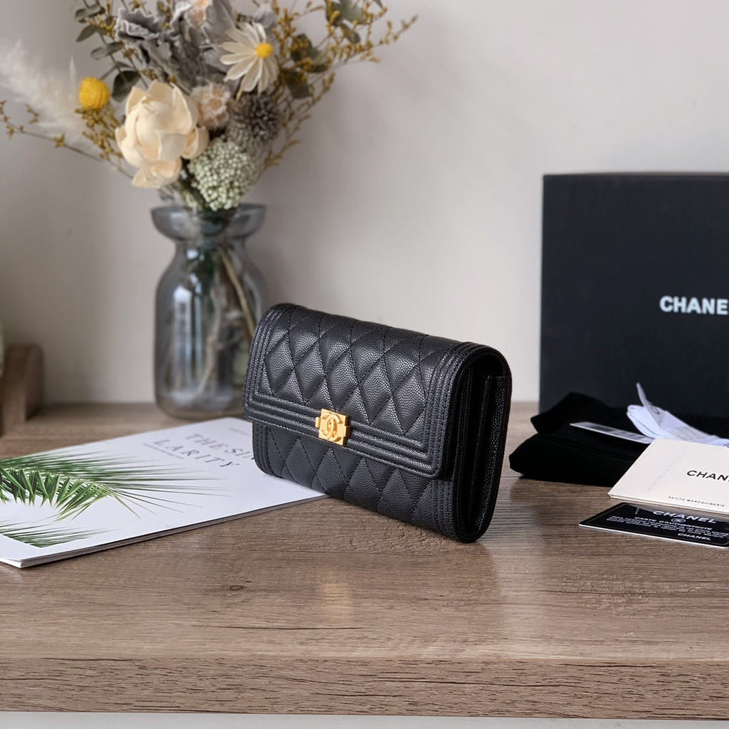 Caviar Leather Quilted Long Flap Wallet