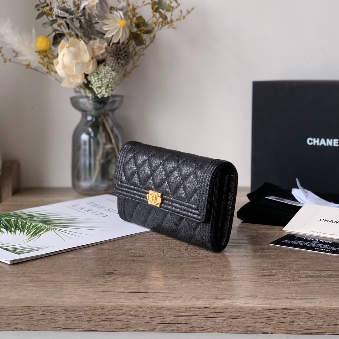 Caviar Leather Quilted Long Flap Wallet