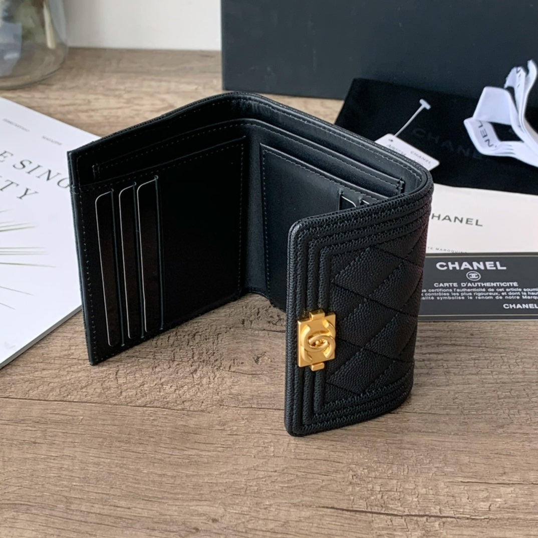 Quilted Caviar Leather Compact Flap Wallet