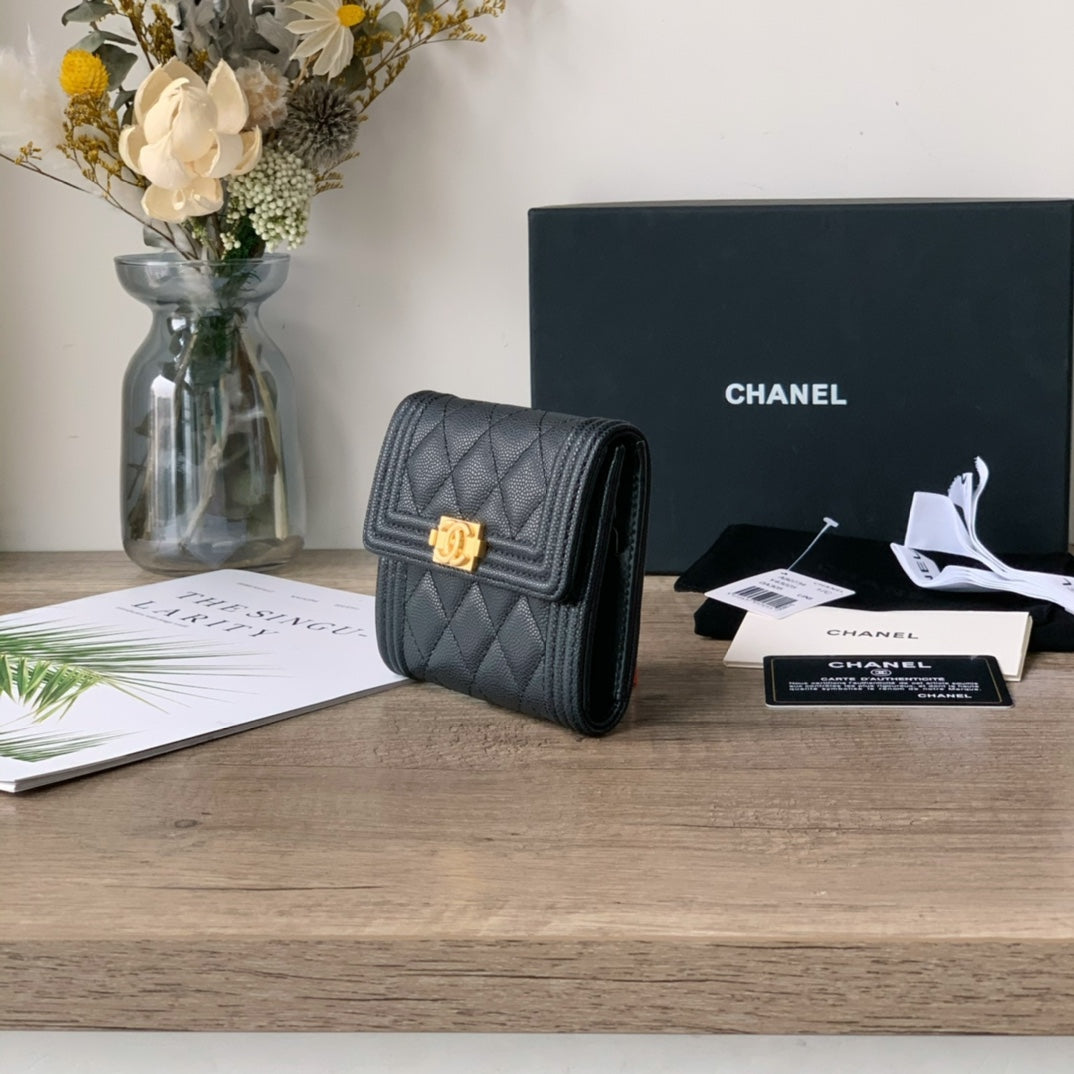 Quilted Caviar Leather Compact Flap Wallet