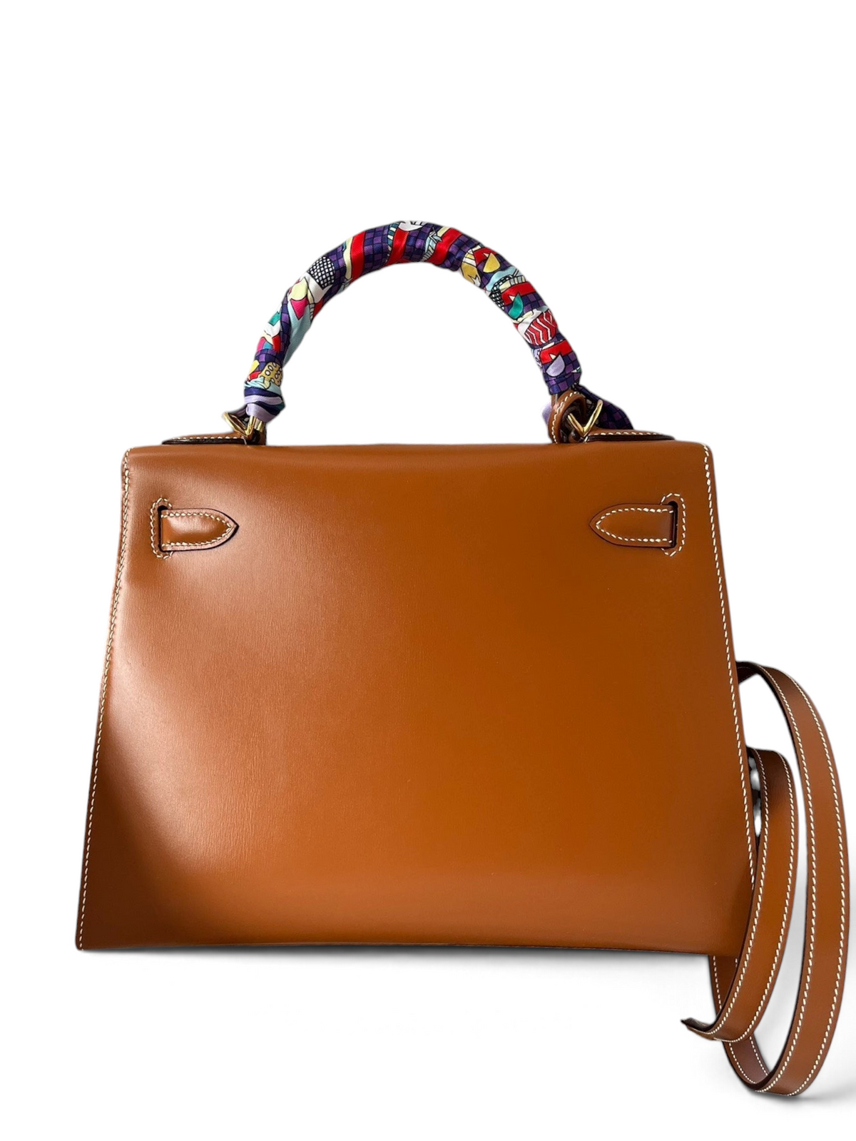 SWORD LUXURY taba rengi 28cm Box deri Hermès Kelly çanta, renkli twilly eşarp ve kutusu ile birlikte.