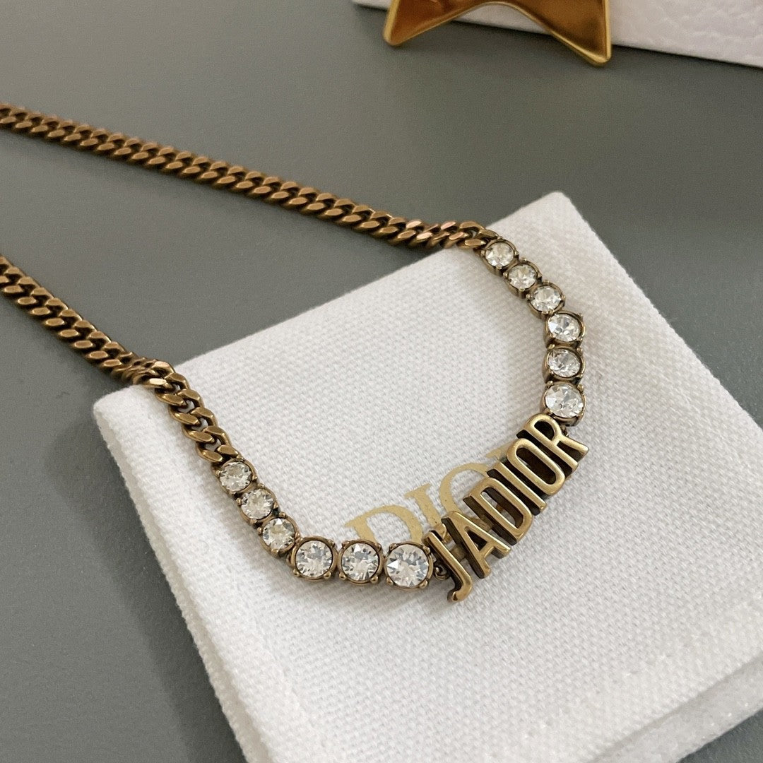 J’ADIOR Crystal Chain Necklace – Antique Gold Finish