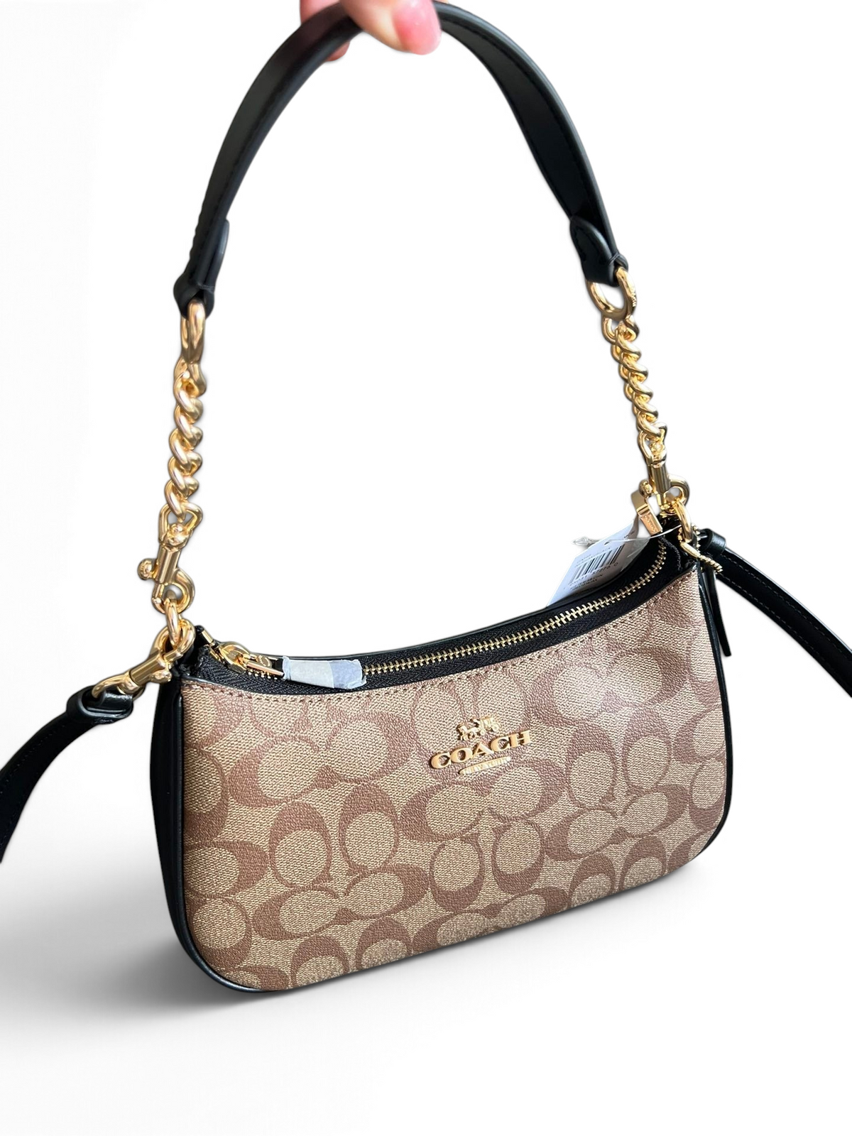SWORD LUXURY Coach Teri omuz çantası, ikonik monogram kanvas, altın zincir askı ve siyah deri detaylı şık tasarım.