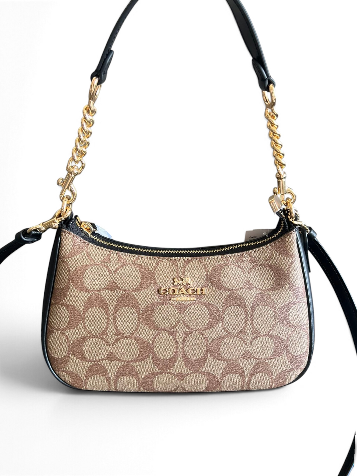 SWORD LUXURY Coach Teri omuz çantası, bej monogram kanvas, siyah deri detaylar ve altın zincir askı ile.