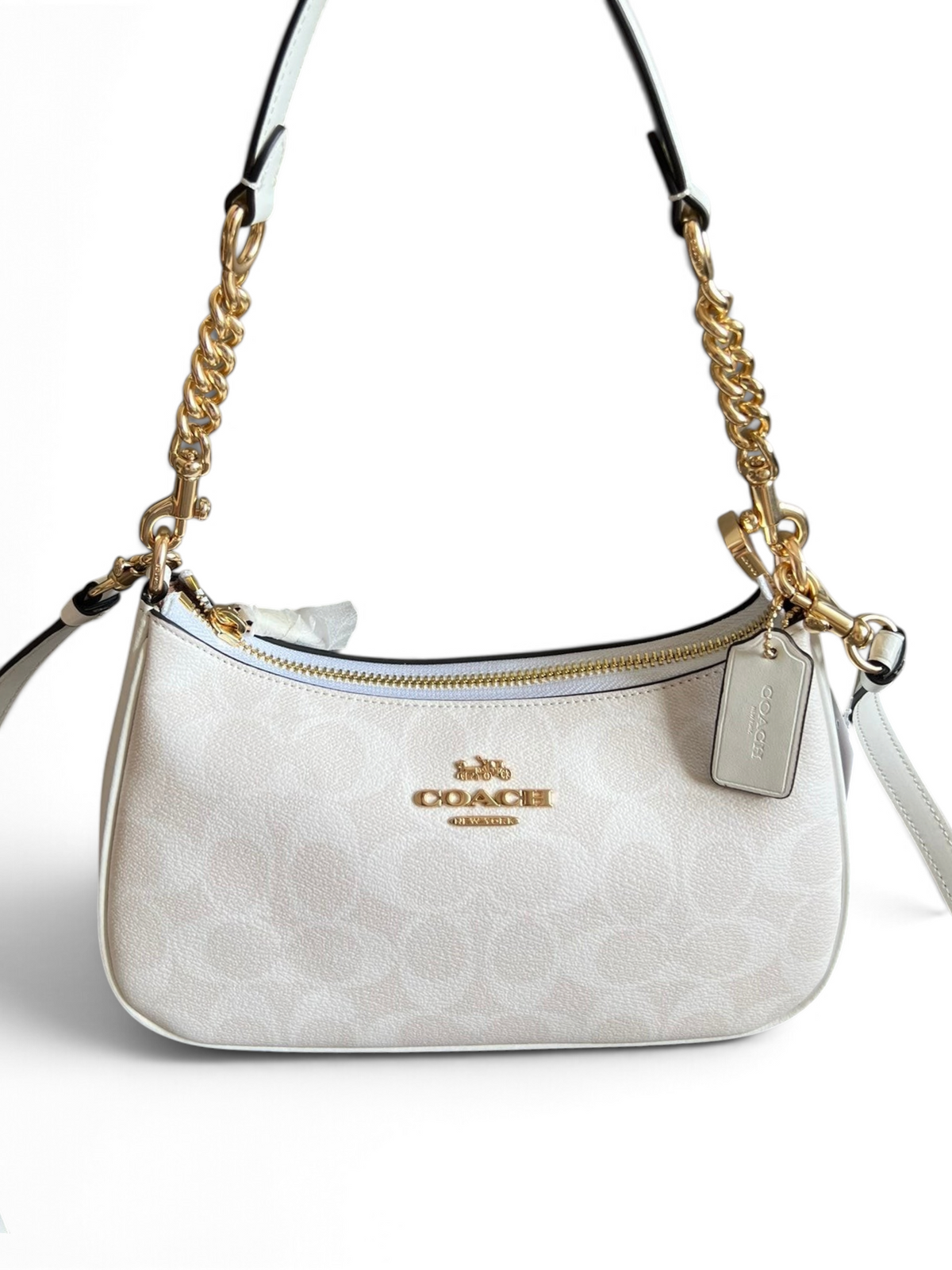 SWORD LUXURY marka beyaz monogram desenli, altın zincir detaylı ve deri askılı şık Coach Teri omuz çantası.