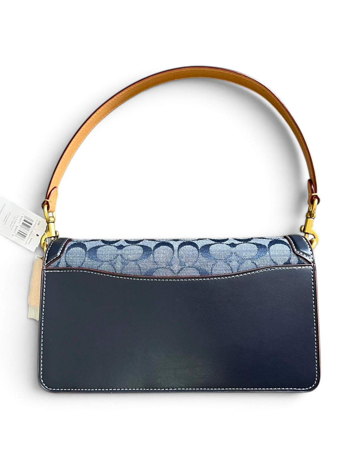SWORD LUXURY Coach Tabby omuz çantası, denim monogram kanvas ve lacivert deri detaylı, altın tonlu askı bağlantılı.