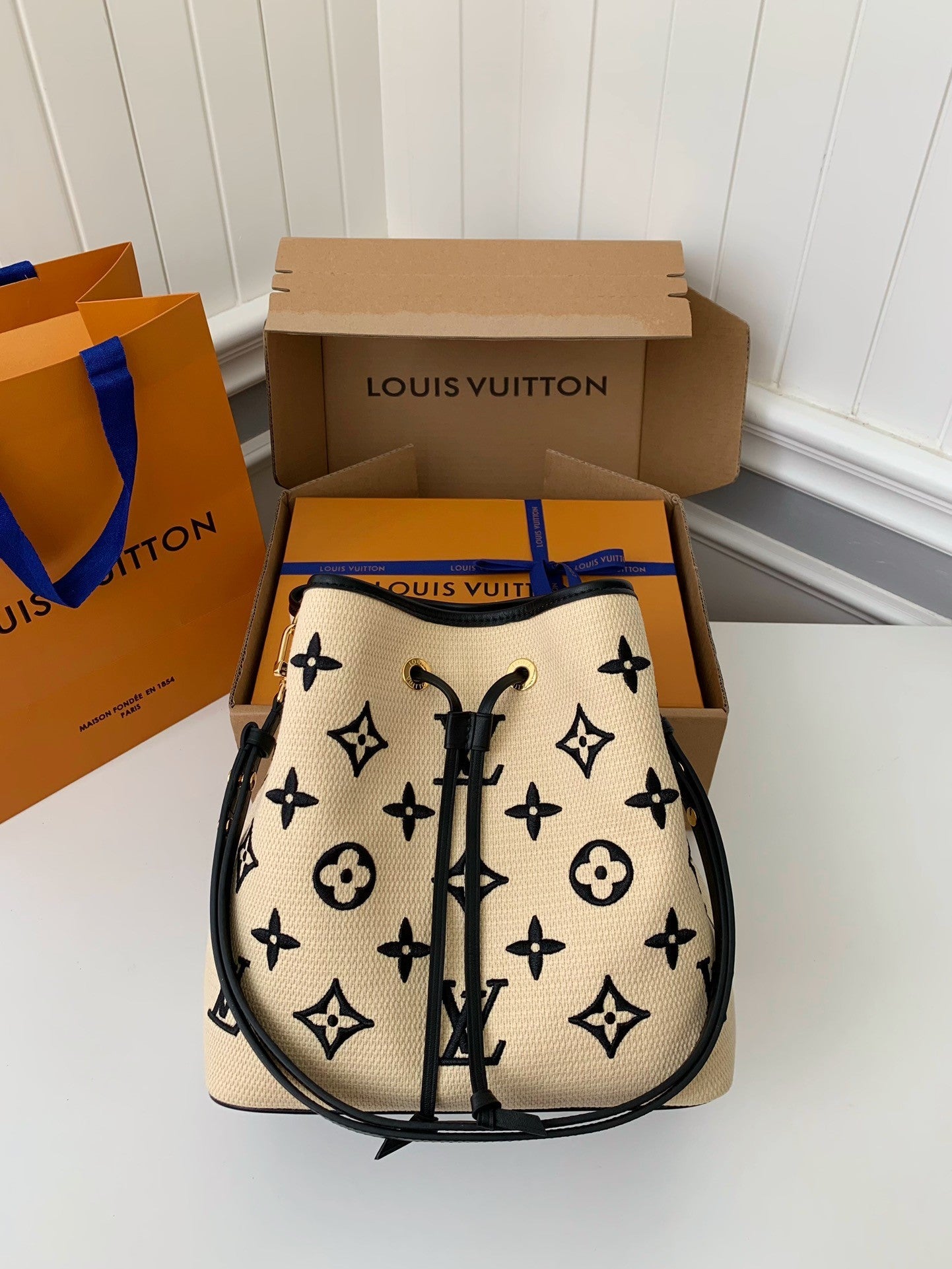 Monogram Embroidery Cotton Bucket Bag