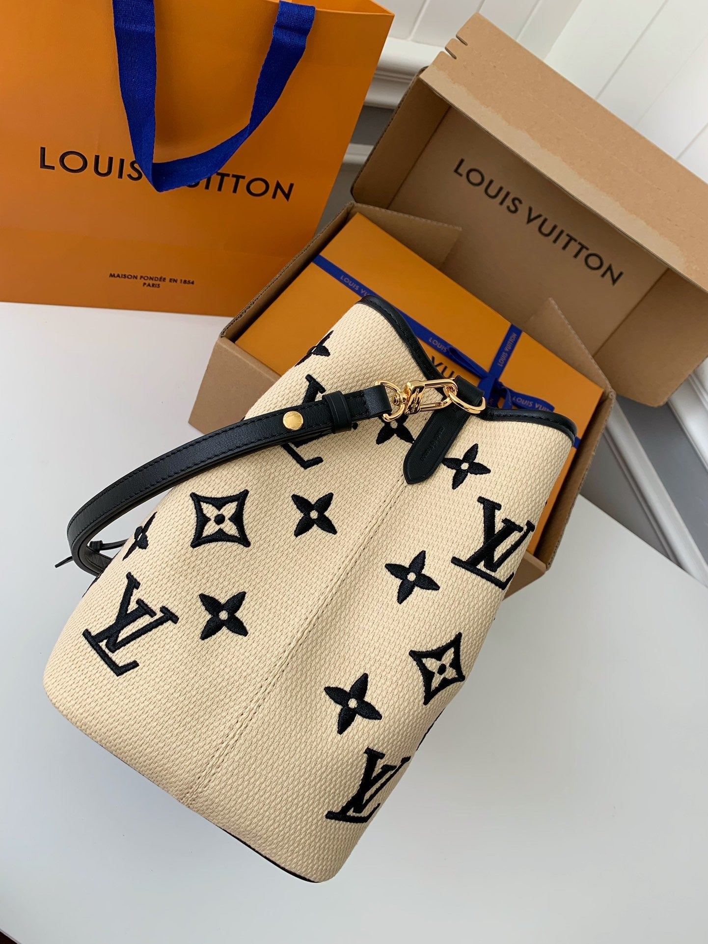 Monogram Embroidery Cotton Bucket Bag