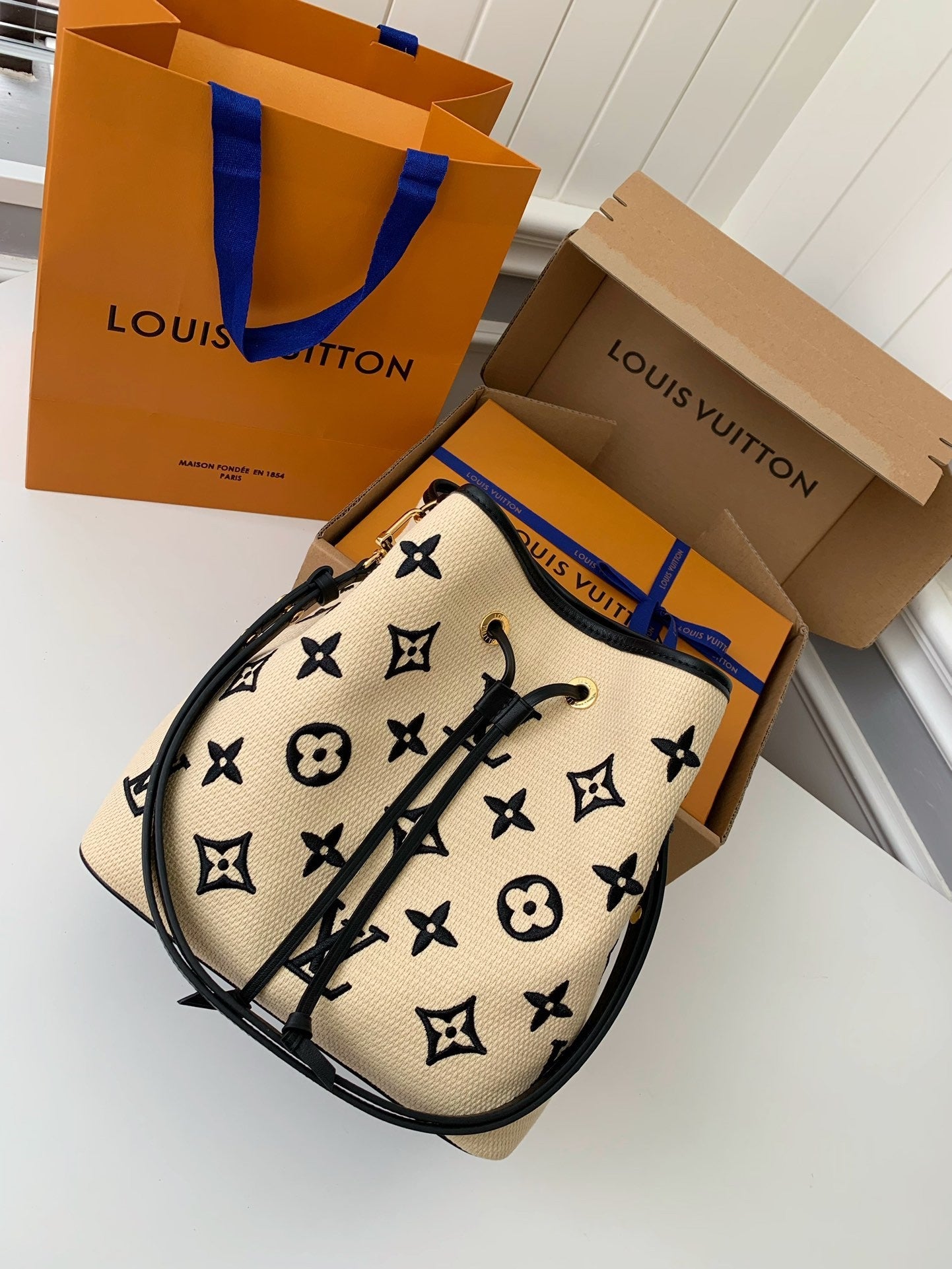 Monogram Embroidery Cotton Bucket Bag