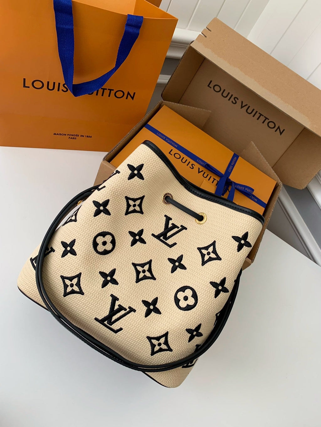 Monogram Embroidery Cotton Bucket Bag