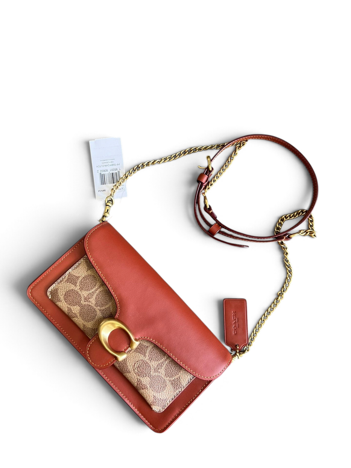 SWORD LUXURY Coach Mini Tabby zincir askılı kahverengi monogram kanvas ve deri çanta, altın tonlu C logolu.