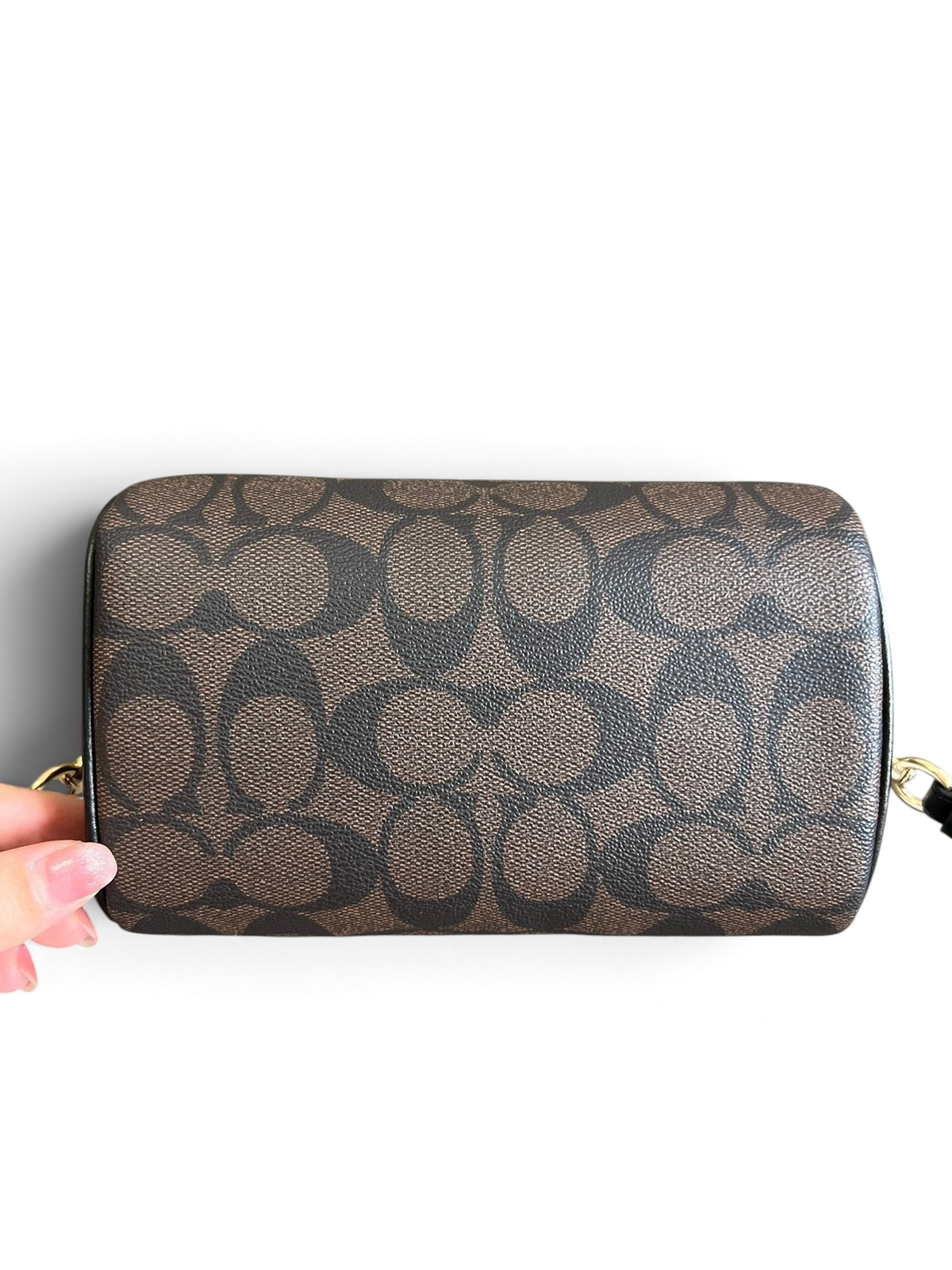 SWORD LUXURY kahverengi monogram desenli kanvas Coach Mini Boston çanta, üstten görünüm.