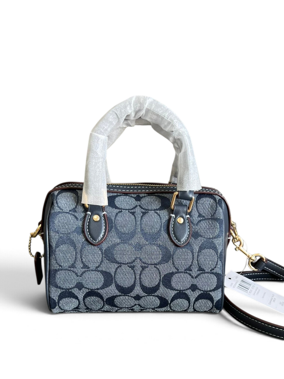 SWORD LUXURY Coach Mini Boston çanta, denim kanvas monogram desenli, deri detaylı ve altın tonlu donanımlı.