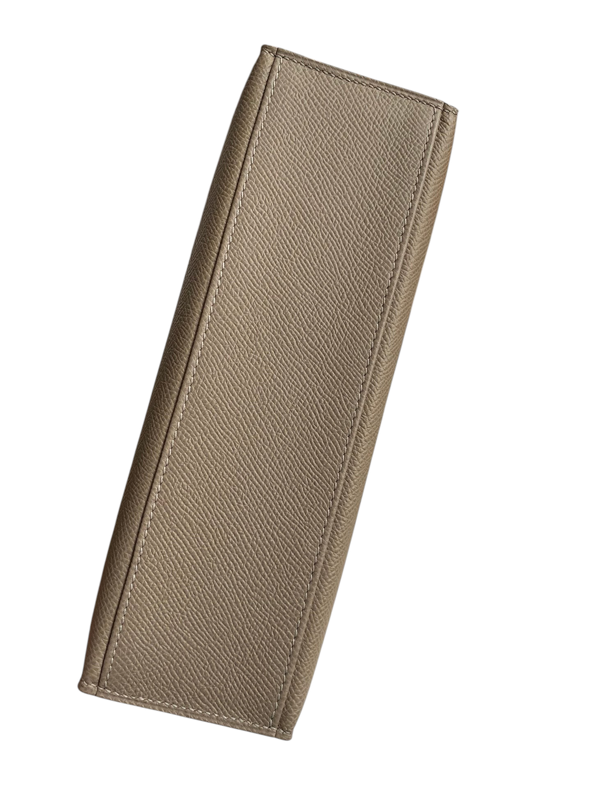SWORD LUXURY marka, 22 cm boyutunda, taupe renkli, dokulu Epsom deri Mini Kelly çanta, kutu içinde yan görünüm.