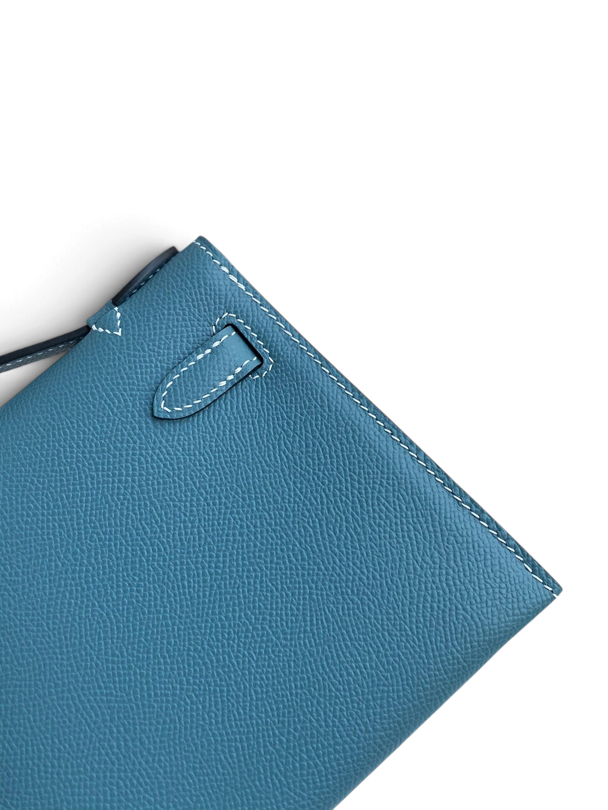 SWORD LUXURY mavi Epsom deri Mini Kelly 22cm çanta detayı, belirgin dikişli ve dokulu yüzey.
