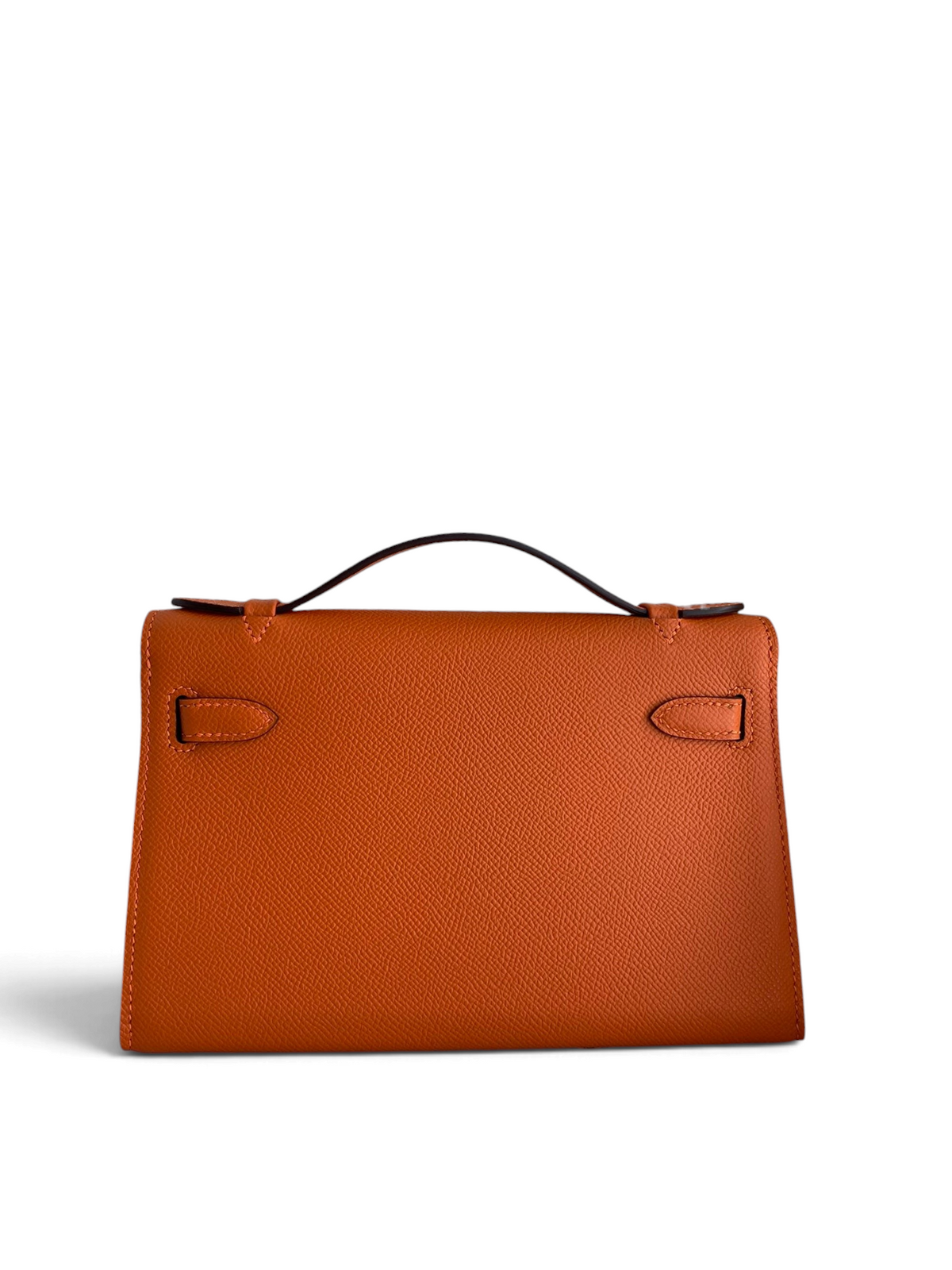 SWORD LUXURY turuncu Epsom deri 22cm Mini Kelly çanta, kutusunda ve toz torbasıyla birlikte arka görünüm.